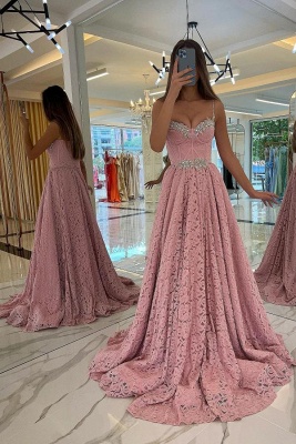 Stunning Spaghetti Straps Lace Long Evening Dress Sweetheart Beadings Aline Prom Dress_1