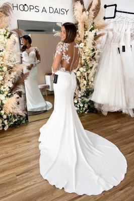 Charming Long Sleeves Wedding Dress Hollow Back Floral Lace Mermaid Bridal Dress_2