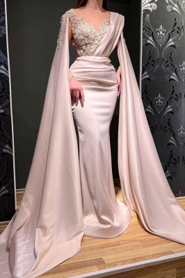 Charming Scoop Neck Ruched Satin Rhinestone Beads Mermaid Prom Dress Long Sleeves with Cape_4