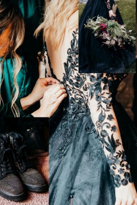 Elegant black V-neck a-line ball gown prom dress_5