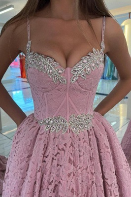 Stunning Spaghetti Straps Lace Long Evening Dress Sweetheart Beadings Aline Prom Dress_2