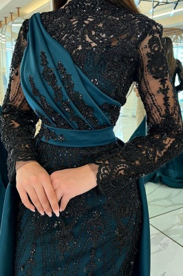 Amazing Long Sleeves Satin Mermaid Prom Dress Black Sequins Long Evening Dress with Sweep Train_2