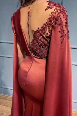 Charming Scoop Neck Ruched Satin Rhinestone Beads Mermaid Prom Dress Long Sleeves with Cape_3