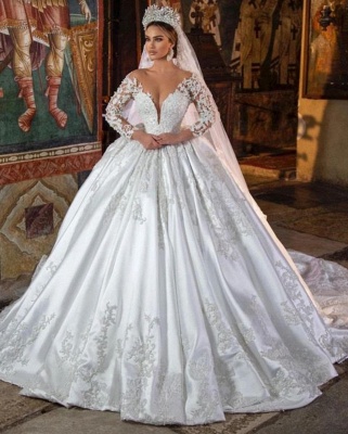 Lindo vestido de noiva mangas compridas 3D floral renda apliques vestido de noiva decote em V_2