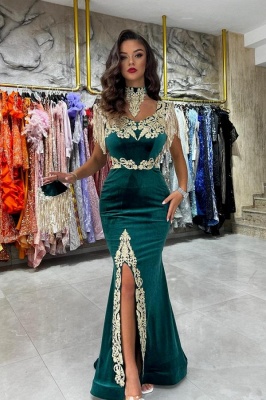 Sexy Halter Velvet Dark Green Mermaid Prom Dress with Gold Appliques with Tassels