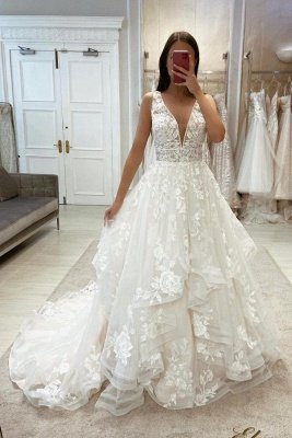 Aline Lace Appliques Tulle Wedding Dress V-образным вырезом без рукавов Свадебное платье