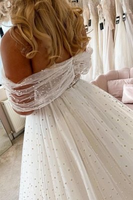 Vestido de noiva elegante ombro a ombro com pérolas Aline Vestido de noiva branco feminino_5