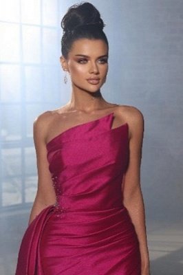 Розовое вечернее платье с рюшами и атласным разрезом без бретелек, длинное платье для выпускного вечера_3