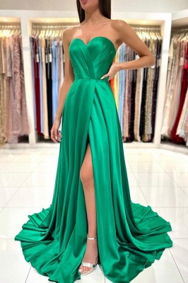 Strapless green a-line prom dress with high split_2