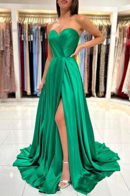 Strapless green a-line prom dress with high split_6