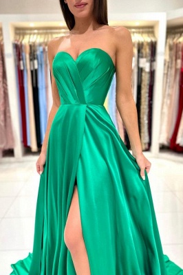 Strapless green a-line prom dress with high split_3