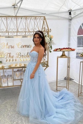 Strapless sky blue tulle ball gown prom dress_1