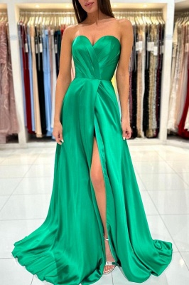 Strapless green a-line prom dress with high split_5