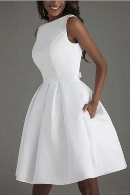 Chic Sleeveless Satin Knee Length Wedding Dress Backless Short Bridal Dress_4
