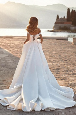 Schulterfreies, gerafftes Ballkleid-Hochzeitskleid aus Satin mit Kristallen_2