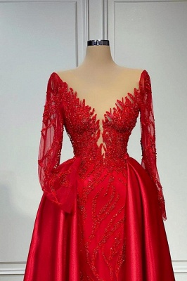Красное выпускное платье силуэта «русалка» с длинными рукавами и верхней юбкой_2