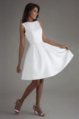 Chic Sleeveless Satin Knee Length Wedding Dress Backless Short Bridal Dress_1