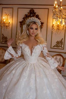 Бальное платье с длинными рукавами и v-образным вырезом, свадебное платье_4