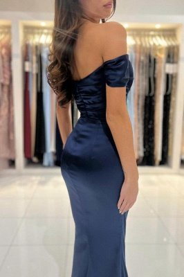 Темно-синее платье для выпускного вечера с открытыми плечами, кружевное вечернее платье силуэта «русалка»_3