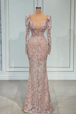 Luxury pink Vneck long sleeves meramdi sparkle prom dress
