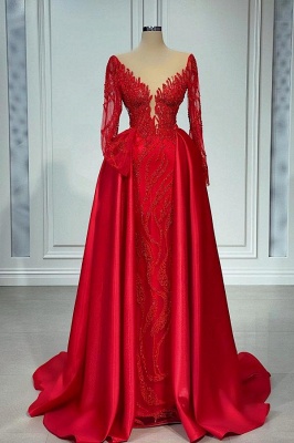Красное выпускное платье силуэта «русалка» с длинными рукавами и верхней юбкой