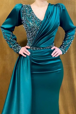 Elegante vestido de baile de formatura sereia verde escuro com decote em V e mangas compridas_2