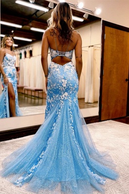 Изысканные синие бретельки длиной до пола, кружевное платье выпускного вечера без рукавов с русалкой_2