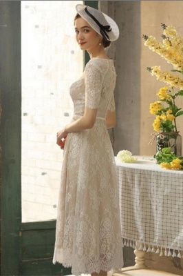 Exquisite Half Sleeves Lace Tea Length Jewel Sheath Wedding Dress_4