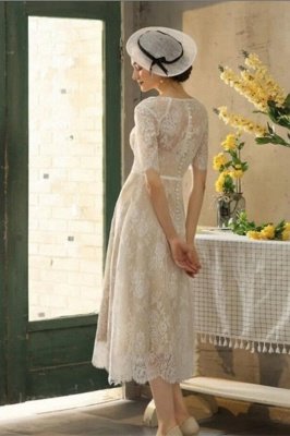 Exquisite Half Sleeves Lace Tea Length Jewel Sheath Wedding Dress_2