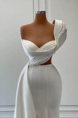 One shoulder sweetheart mermaid white prom dress_2