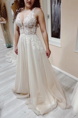 Deep v-neck sleeveless ivory a-line tulle wedding dress_1