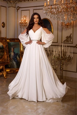 Wunderschönes Chiffon-Hochzeitskleid in A-Linie mit V-Ausschnitt und langen Ärmeln_1