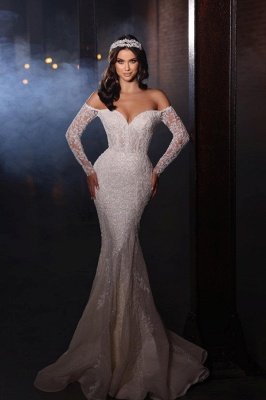 Sprkle Свадебное платье силуэта «русалка» с длинными рукавами и открытыми плечами_2