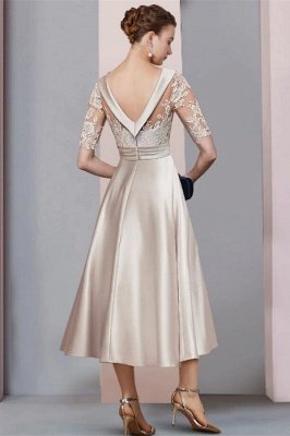 Elegant Ivory Jewel Lace Beading A-Line Tea Length Satin Wedding Dress Formal Dress_2