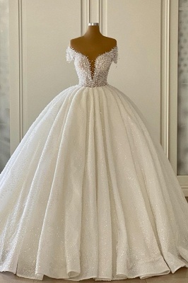 Luxury ivory ball gown off the shoulder v-neck wedding dress_1