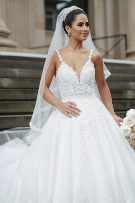 Straps V-neck white tulle ball gown wedding dress_1