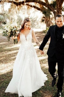 V-neck simple sleeveless floor length forest wedding dress_1