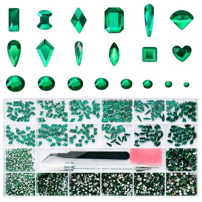 Kit de strass Nail Art Molisaka | Strass en cristal vert à dos plat de taille mixte pour ongles