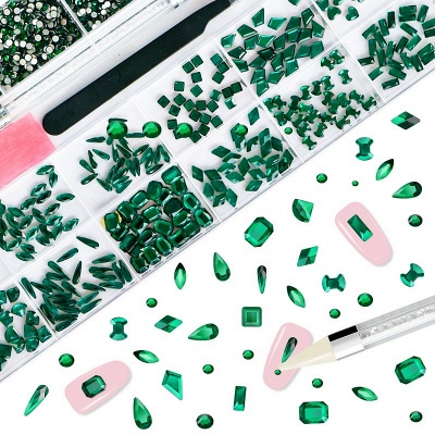 Kit de strass Nail Art Molisaka | Strass en cristal vert à dos plat de taille mixte pour ongles_6