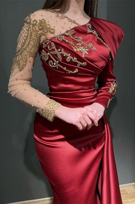 Vestido de formatura assimétrico rubi manga comprida sereia elástico cetim com babados_2
