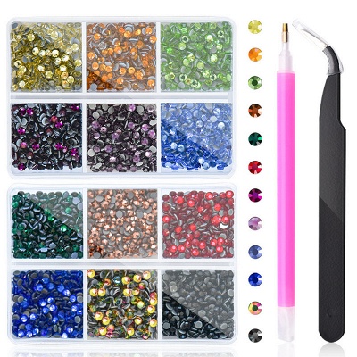 Pierres précieuses artisanales et cristaux strass multicolores pour vêtements, bricolage avec pince à épiler, sélecteur de strass et plateau