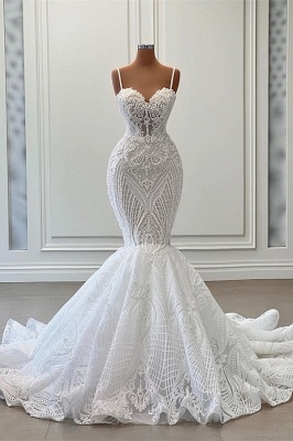 Encantador vestido de novia de sirena con tirantes finos sin mangas y volantes_1