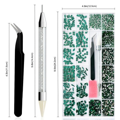 Kit de strass Nail Art Molisaka | Strass en cristal vert à dos plat de taille mixte pour ongles_5