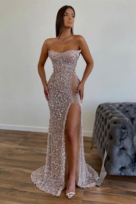 Chic Sequined Floor Length Strapless A-line Prom Dress with Front Slit_2