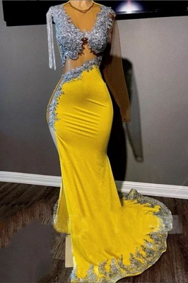 Precioso vestido de fiesta de línea A de manga larga con borlas amarillas hasta el suelo_1