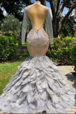 Fabulous Grey Sequined Beading Feather Mermaid Long Sleeves Tulle Prom Dress_2