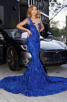Fabuleux bijou bleu asymétrique une épaule étage longueur robe de bal A-ligne_1