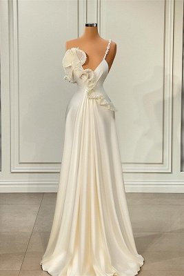 Очаровательное белое асимметричное атласное выпускное платье с оборками_1