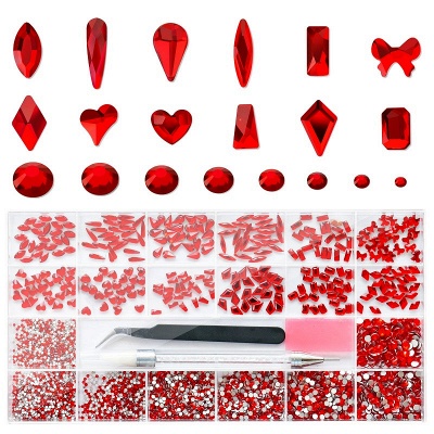 Conjunto de strass para unhas Molisaka vermelho, strass vermelho de vidro multiformas para arte de unhas, com caneta de cera e pinça