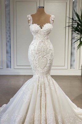Charming Straps Sleeveless Mermaid Wedding Dress with Ruffles_2